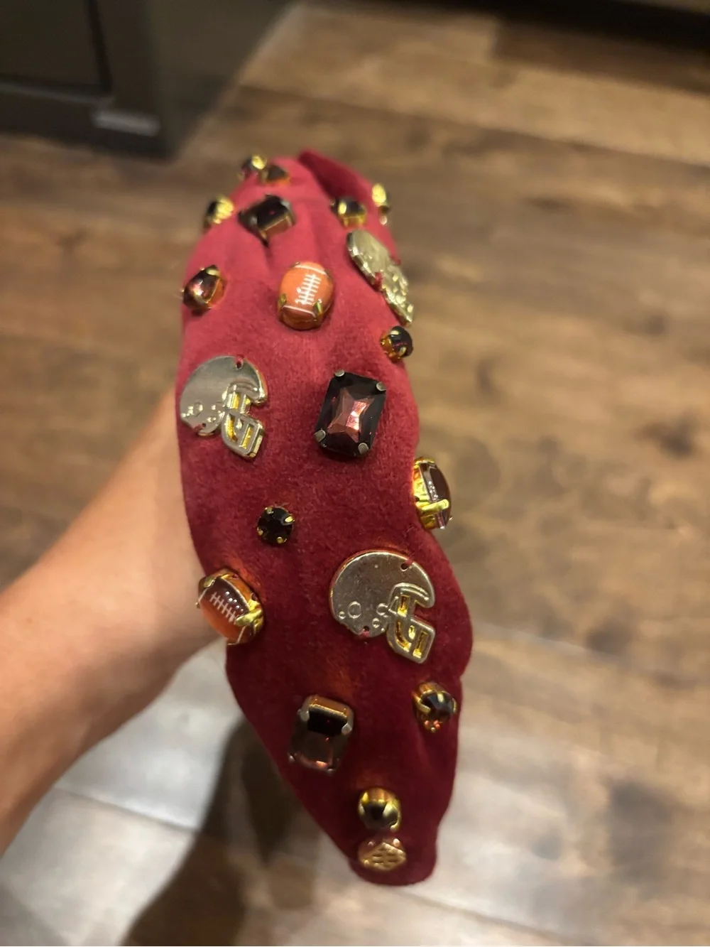 Brianna Cannon Embellished Burgundy Headband with Football and Jewel Accents